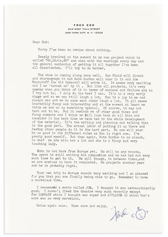 (THEATRE--CABARET.) EBB, FRED. Archive of 18 letters Signed, "Fred" or in full, to Robert Pescatore, including an ALS and 17 TLsS,